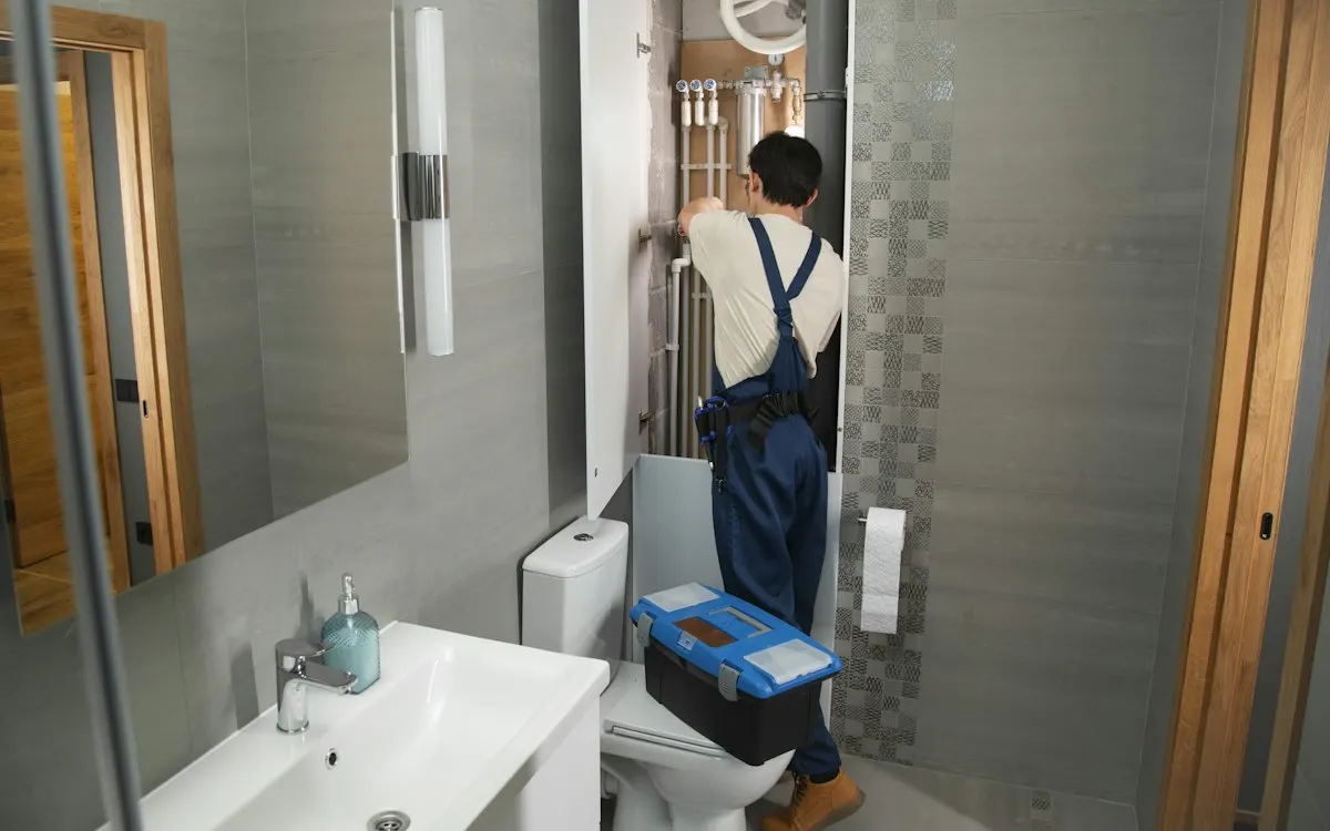 Plumber repairing pipes in a bathroom