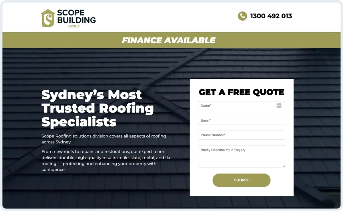 Scope roofing landing page with enquiry form