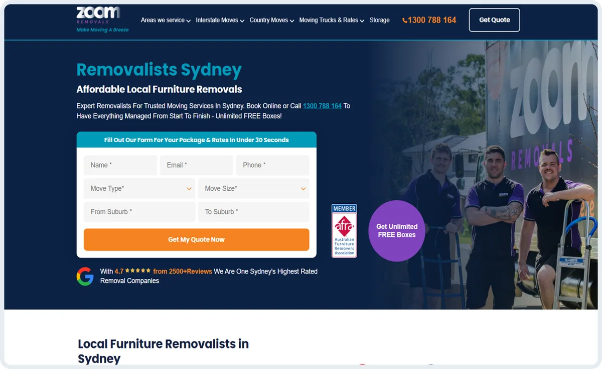 Zoom Removals Sydney homepage with quote form